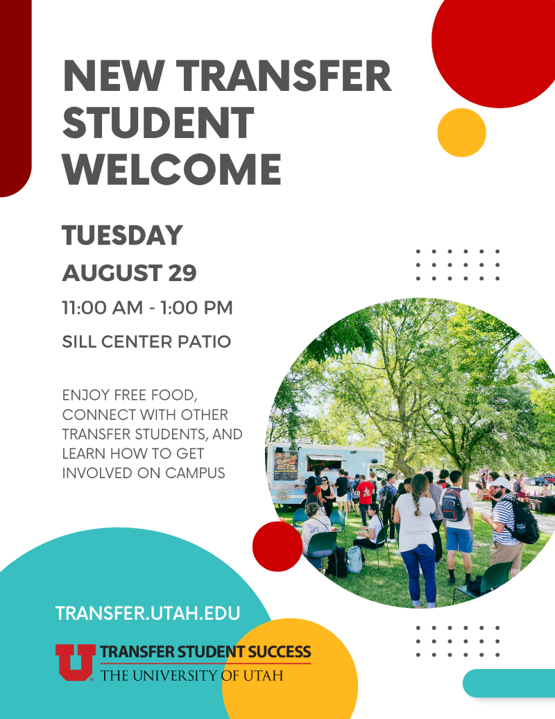 Photo of students talking near a food truck for New Transfer Student Welcome event on Tuesday August 29 from 11am to 1pm outside the Sill Center