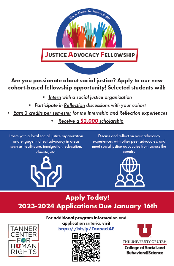 Circle with multicolored hands inside logo with Justice Advocacy Fellowship across. Application open for the cohort-based fellowship opportunity